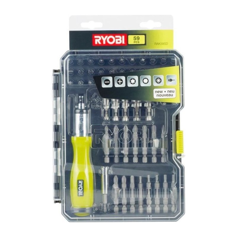 Coffret RYOBI 59 accessoires de vissage-boulonnage avec tournevis a cliquet RAK59SD