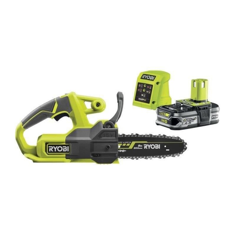 Tronçonneuse compacte sans fil 18V RYOBI ONE+ - guide 20 cm - livrée avec 1 batterie lithium+ 2,5 Ah et 1 chargeur 1,5 A