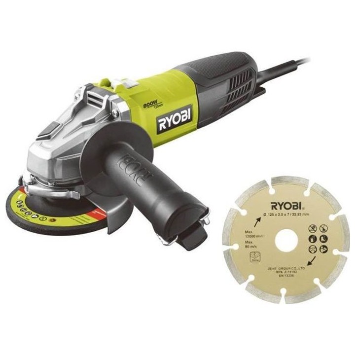 Meuleuse d'angle RYOBI 800W 125mm - 1 disque diamant RAG800-125SD1