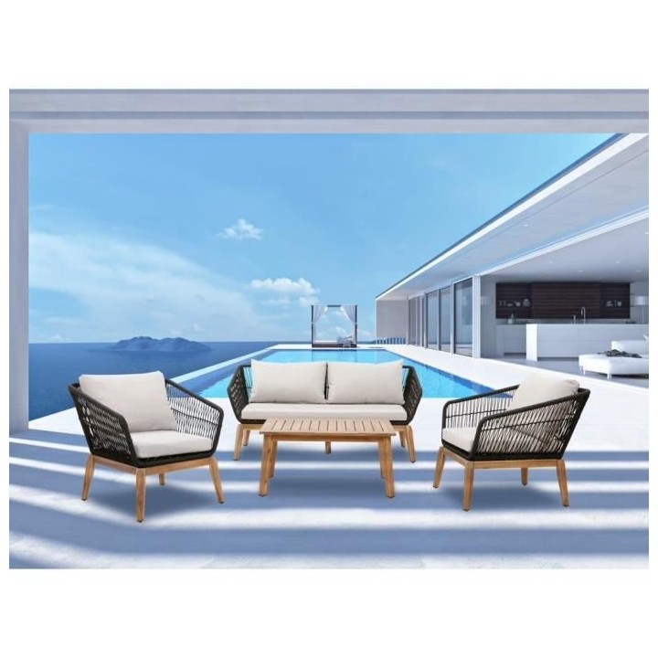 Salon de jardin en bois d'Acacia FSC et en corde avec coussins - 4 per