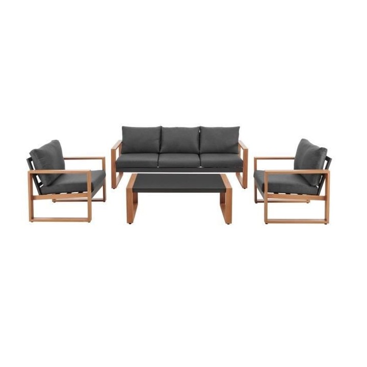 Salon bas de jardin 5 personnes aluminium effet bois, avec coussins Gr