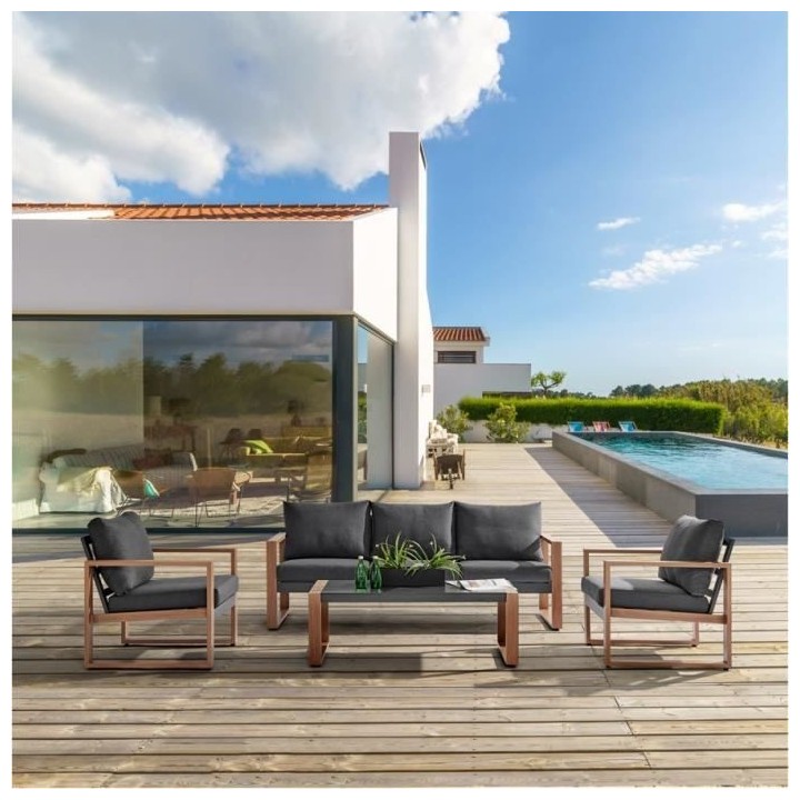 Salon bas de jardin 5 personnes aluminium effet bois, avec coussins Gr