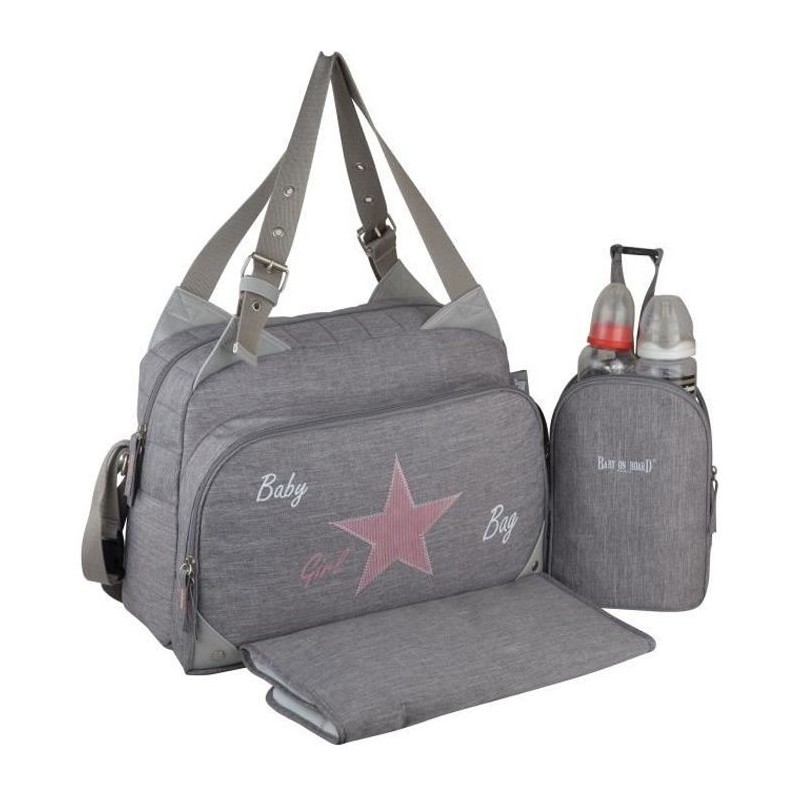 Baby on board-sac a langer - sac titou stone chiné - 2 compartiments 8 poches - sac repas - tapis a langer sac linge sale attac