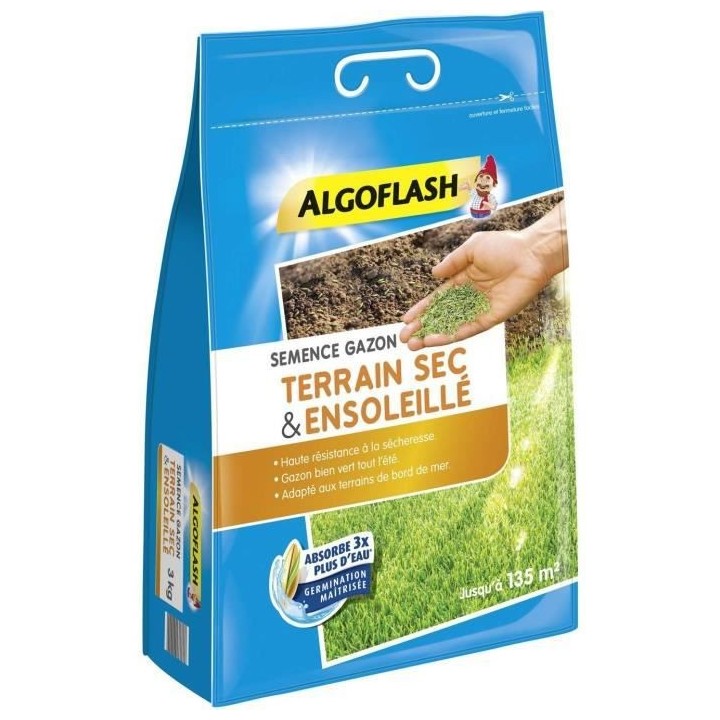 Semences Gazon Terrain Sec Ensoleillé - ALGOFLASH NATURASOL - 3 kg