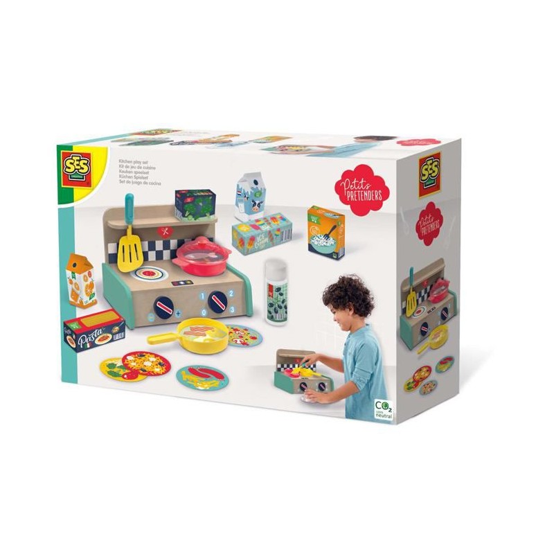 Kit de jeu de cuisine SES CREATIVE - Cuisine en bois, poele, casserole, spatule, bouteille d'huile et 6 produits - Des 3 ans