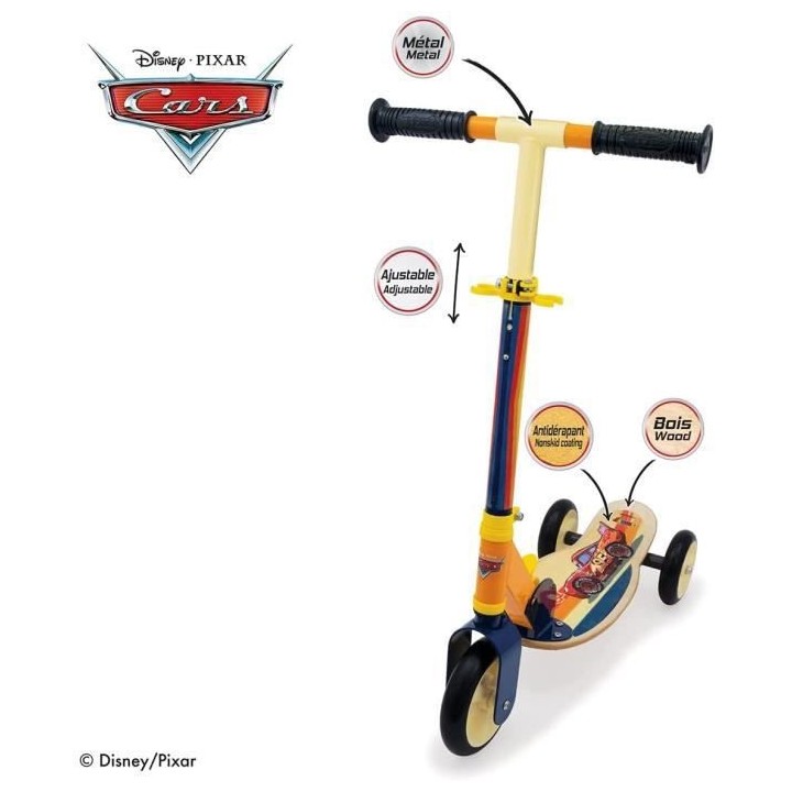 SMOBY - CARS Patinette 3 roues pliable - Bois et métal - Guidon régl