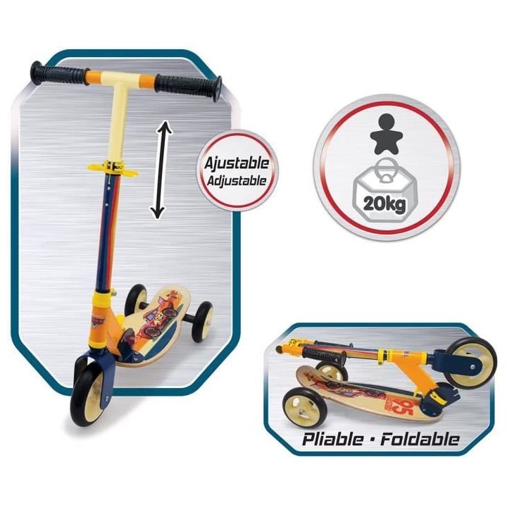 SMOBY - CARS Patinette 3 roues pliable - Bois et métal - Guidon régl