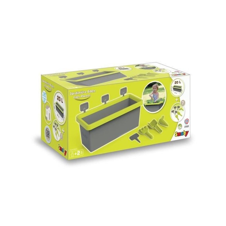 SMOBY Jardinere Eden garnie 20L : pelle + râteau + plantoir + 4 écri