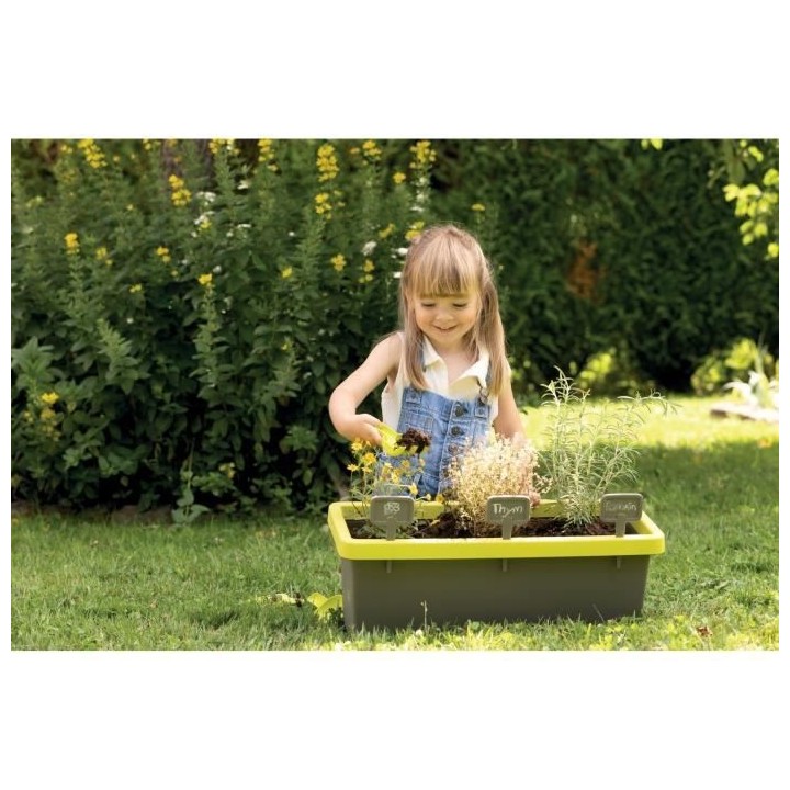 SMOBY Jardinere Eden garnie 20L : pelle + râteau + plantoir + 4 écri