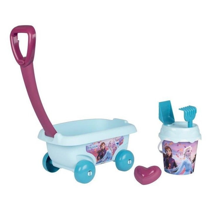 SMOBY - FROZEN Chariot de plage garni : sceau + tamis + râteau + pell