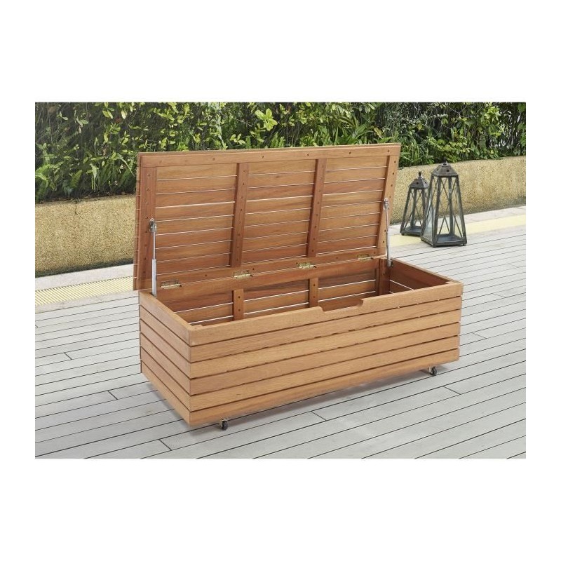 Coffre de rangement jardin en bois exotique d'eucalyptus FSC - 190 L - 48,5 x 109,5 x 37 cm - Avec roulettes - Effet Teck