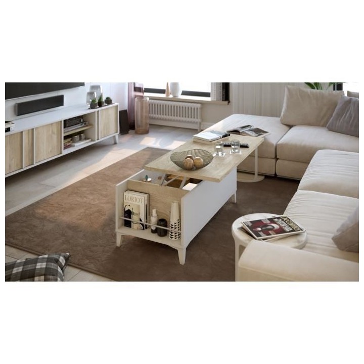 Table basse avec plateau relevable - Blanc/Chene - L 100 x P 50/72 x H