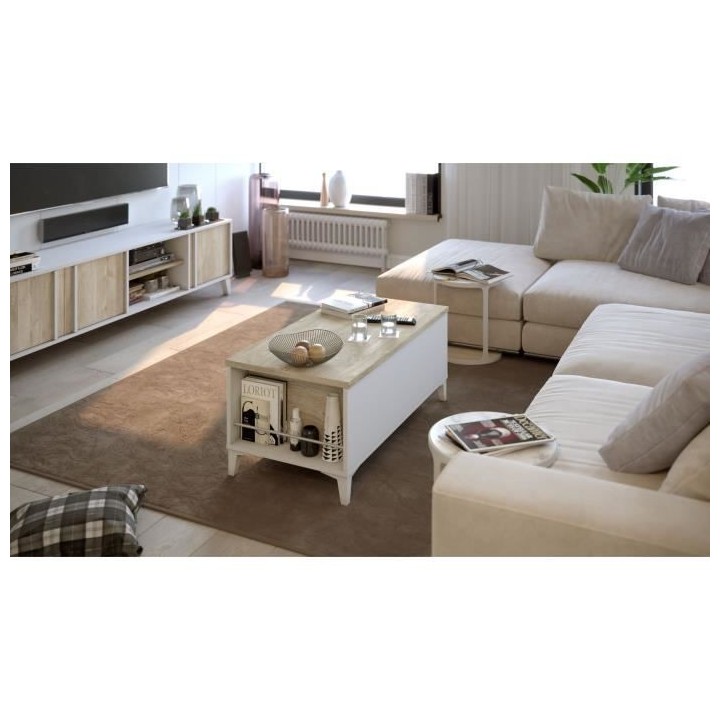 Table basse avec plateau relevable - Blanc/Chene - L 100 x P 50/72 x H
