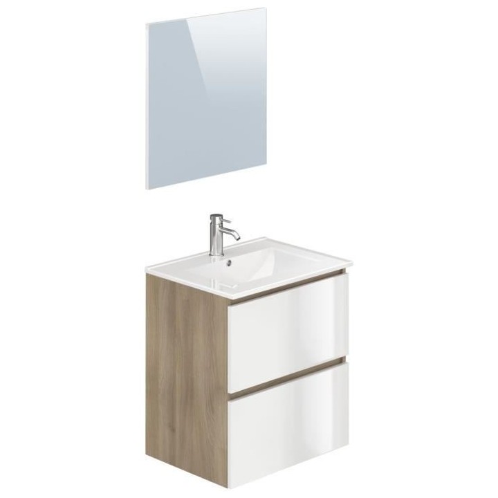 MYSTIC Meuble vasque 2 tiroirs + Miroir - L 61 x P 47 x H 68 cm - Mél