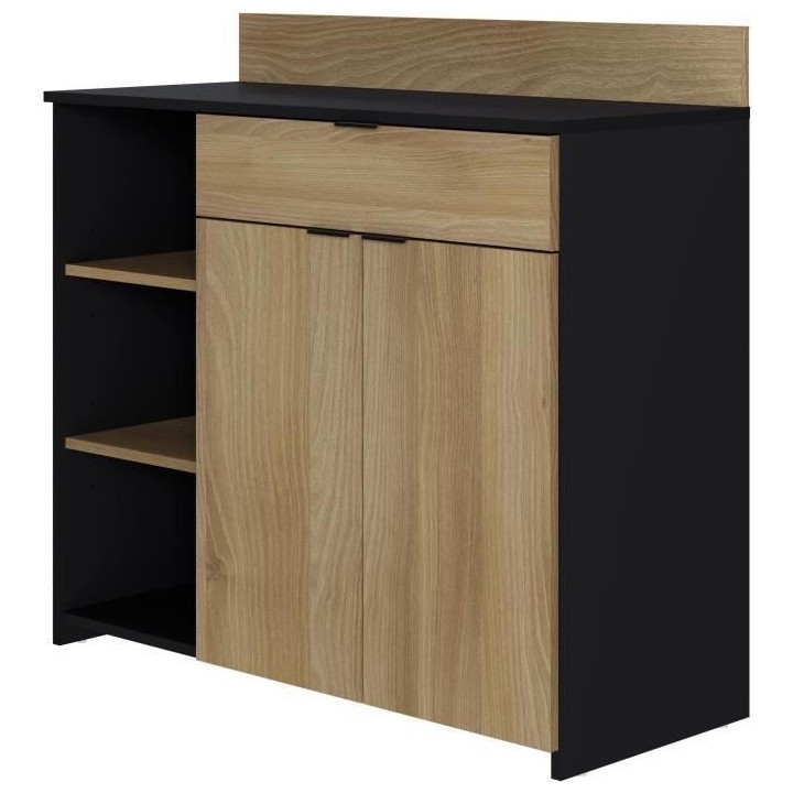 Buffet Cuisine - 2 portes + 1 tiroir - Mélaminé chene et noir - L 10