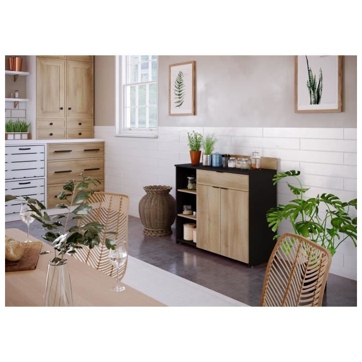 Buffet Cuisine - 2 portes + 1 tiroir - Mélaminé chene et noir - L 10