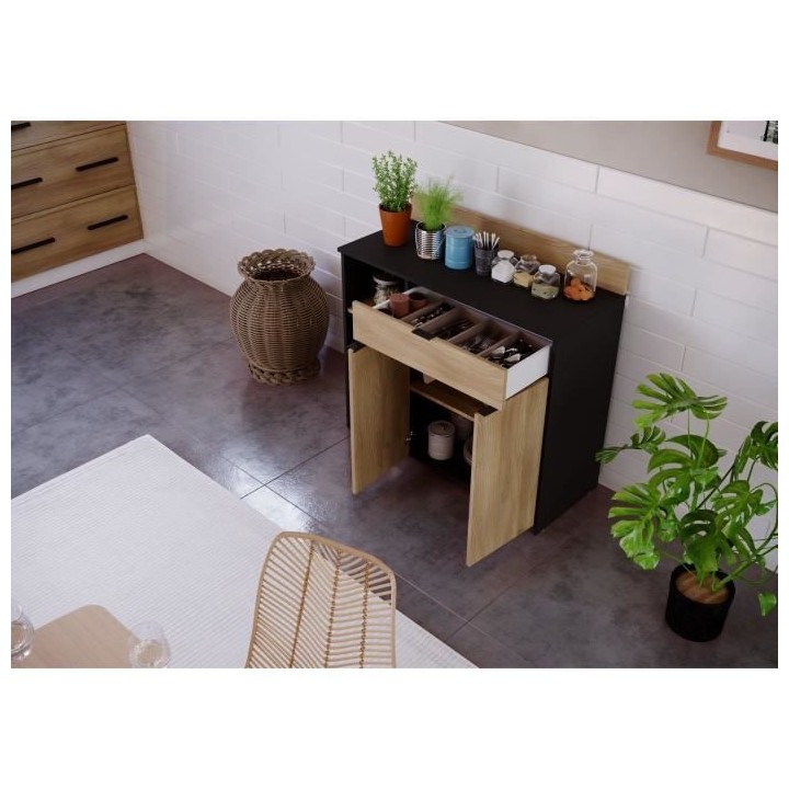 Buffet Cuisine - 2 portes + 1 tiroir - Mélaminé chene et noir - L 10