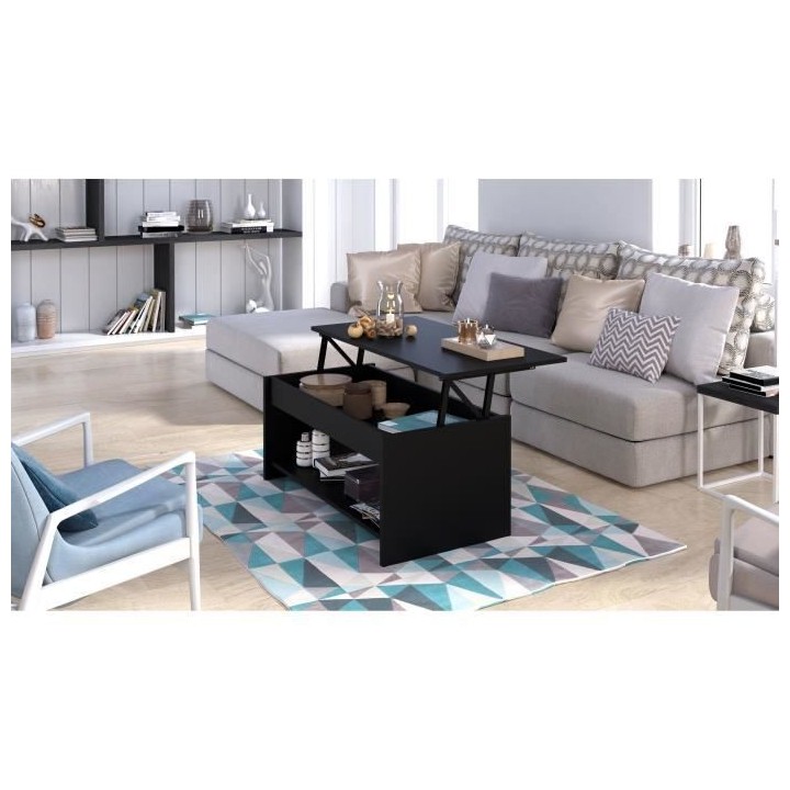 Table basse HAPPY - Mélaminé noir - Plateau relevable - L 100 x P 50