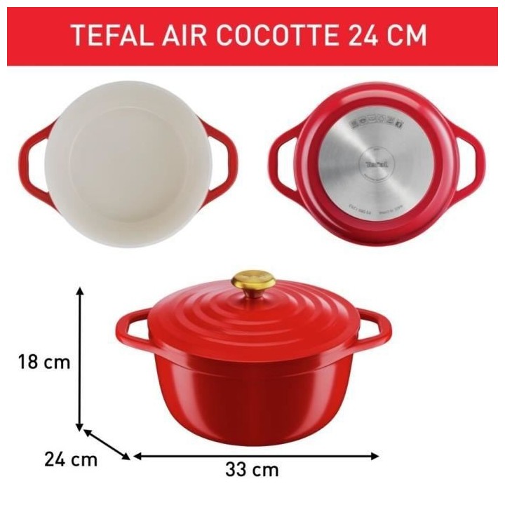 TEFAL E2544604 Air cocotte légere 24 cm fonte d'aluminium rouge, tous