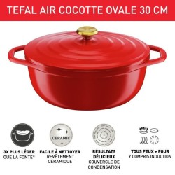 TEFAL E2548904 Air cocotte légere ovale 30x23 cm, fonte d'aluminium rouge, tous feux dont induction