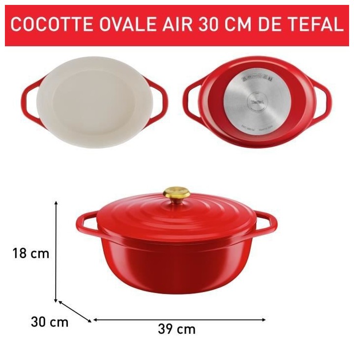 TEFAL E2548904 Air cocotte légere ovale 30x23 cm, fonte d'aluminium r