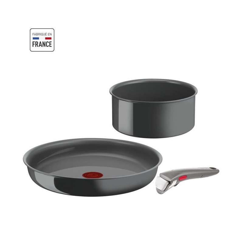 TEFAL INGENIO Lot de 3 pieces, Poele 28 cm, Casserole 18 cm, Poignée, Induction, Céramique, Fabriqué en France, Renew L260930