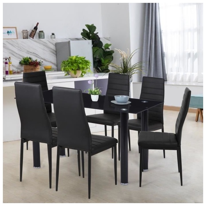 Ensemble Table a manger L 140 x P 80 cm + 6 chaises - Métal - Plateau