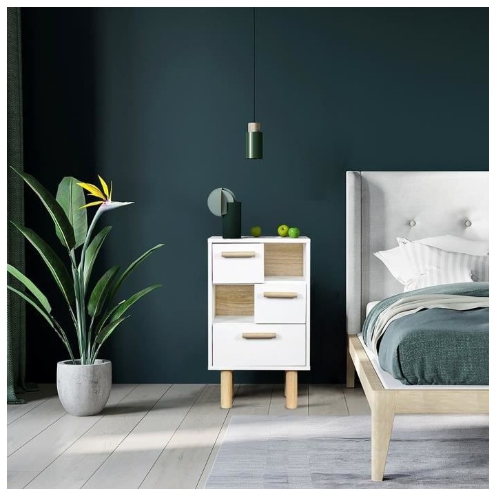 Rangement 2 portes et 1 tiroir - Mélaminé blanc - Pieds et poignées