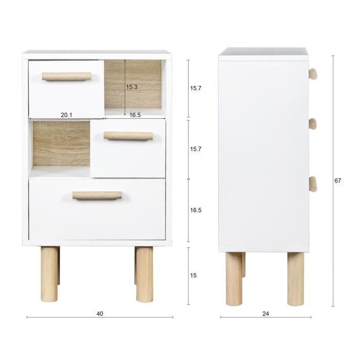 Rangement 2 portes et 1 tiroir - Mélaminé blanc - Pieds et poignées