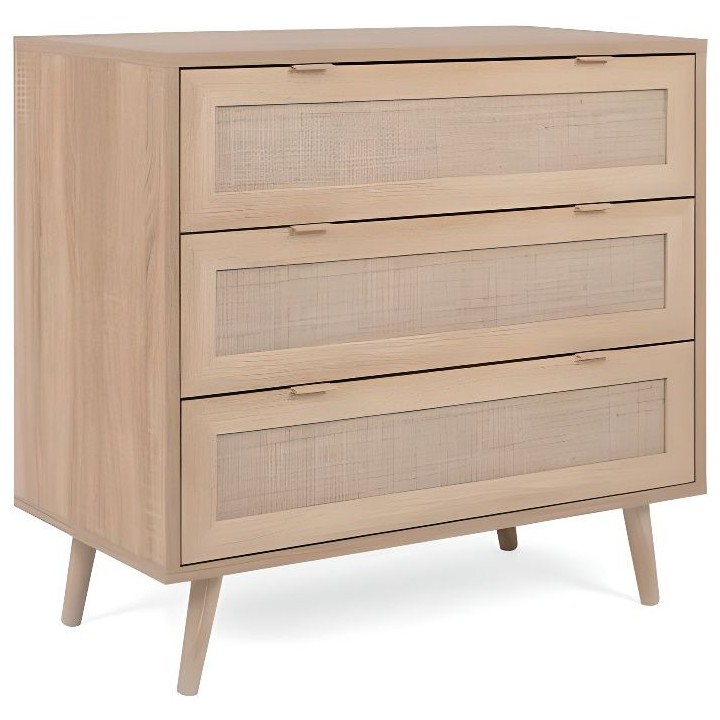 Commode 3 tiroirs Trompe l'oeil cannage - Décor chene sonoma - L 80 x