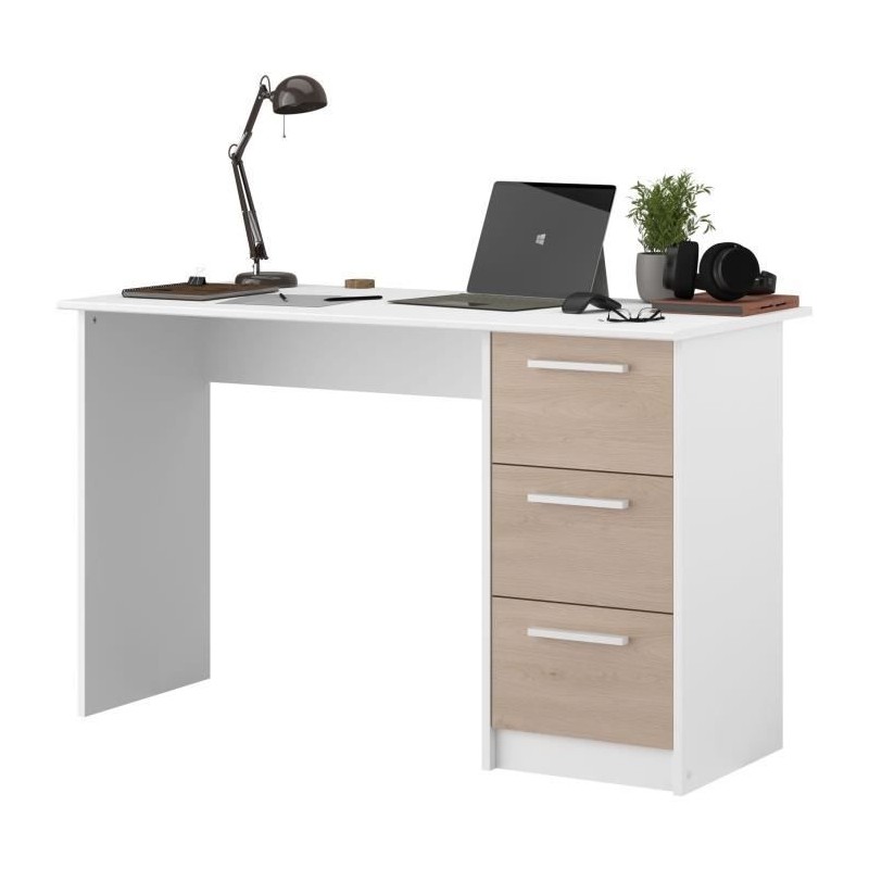 Bureau ESSENTIEL PARISOT 3 tiroirs - Décor chene et blanc - L 121,2 x P 55 x H 74,5 cm - Fabriqué en France