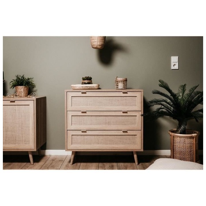 Commode 3 tiroirs Trompe l'oeil cannage - Décor chene sonoma - L 80 x