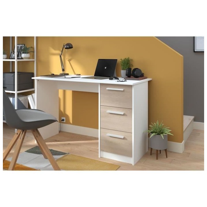 Bureau ESSENTIEL PARISOT 3 tiroirs - Décor chene et blanc - L 121,2 x