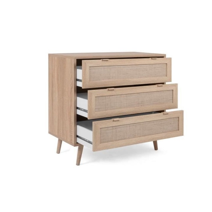 Commode 3 tiroirs Trompe l'oeil cannage - Décor chene sonoma - L 80 x