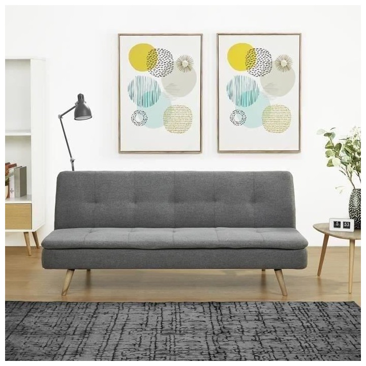 Clic clac 3 places - Tissu Gris - Pieds bois naturel - L 179 x P 85 x