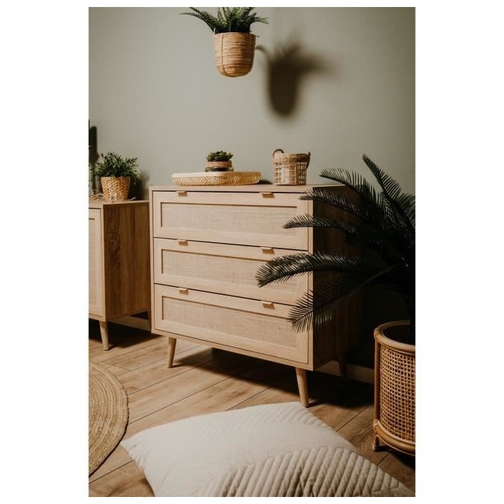 Commode 3 tiroirs Trompe l'oeil cannage - Décor chene sonoma - L 80 x