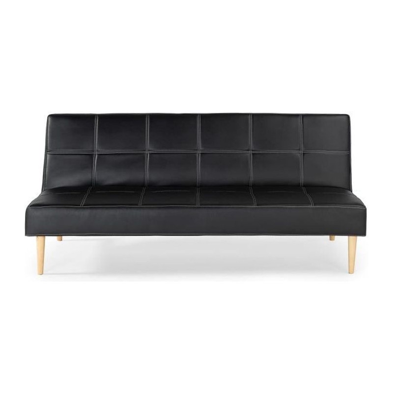 Banquette convertible Clic-clac 3 places - Simili Noir - Pieds bois naturel - L 178 x P 89 x H 78 cm - JENNY