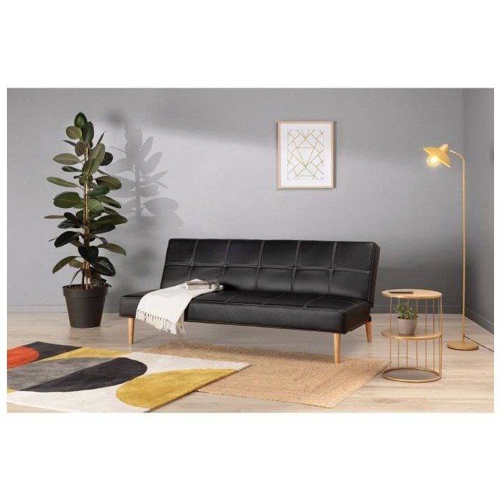 Banquette convertible Clic-clac 3 places - Simili Noir - Pieds bois na