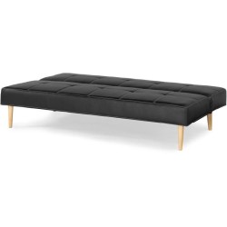 Banquette convertible Clic-clac 3 places - Simili Noir - Pieds bois naturel - L 178 x P 89 x H 78 cm - JENNY