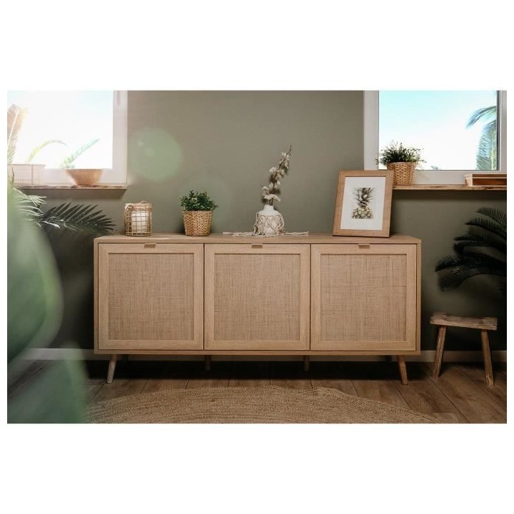 Buffet - Décor chene sonoma - Trompe l'oeil cannage- 3 portes - BALI