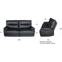 Canapé relax électrique 3 places - BALLINA - Cuir de buffle - Noir - L 208 x P 98 x H 103 cm