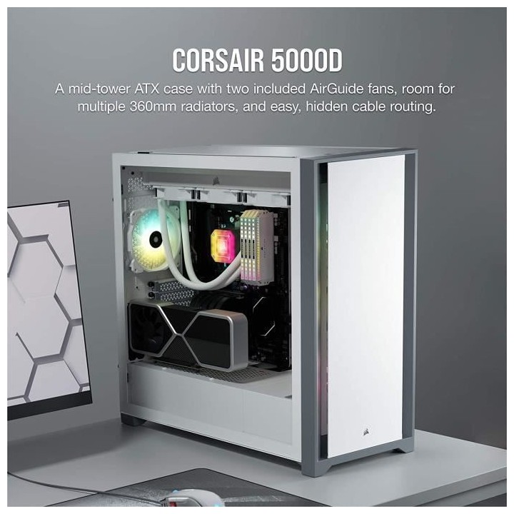 CORSAIR Boîtier PC 5000D - Verre Trempé Moyen-Tour ATX - Blanc (CC-9