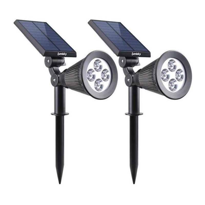 LUMISKY Pack de 2 Spots solaires extérieur étanches - 4 LEDs blanches - 200 Lm - Tete pivotante a 90°C