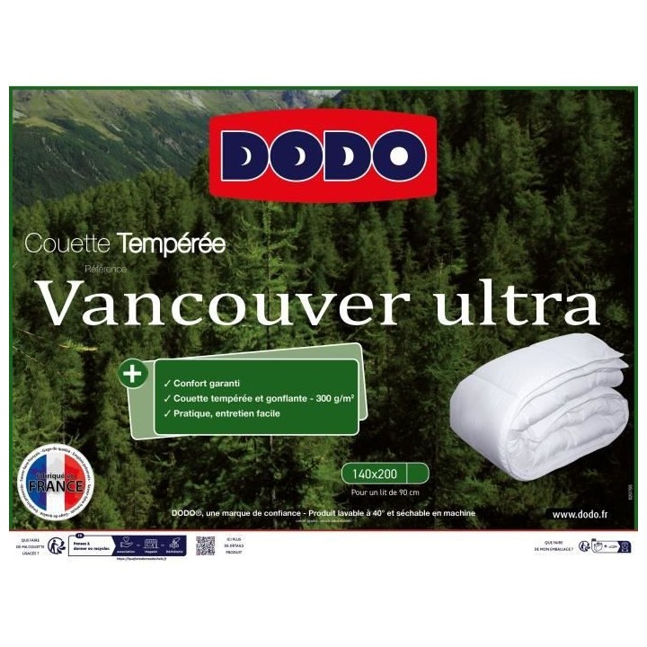 Couette VANCOUVER DODO - 140x200 cm - Ultra tempérée - Fabriqué en
