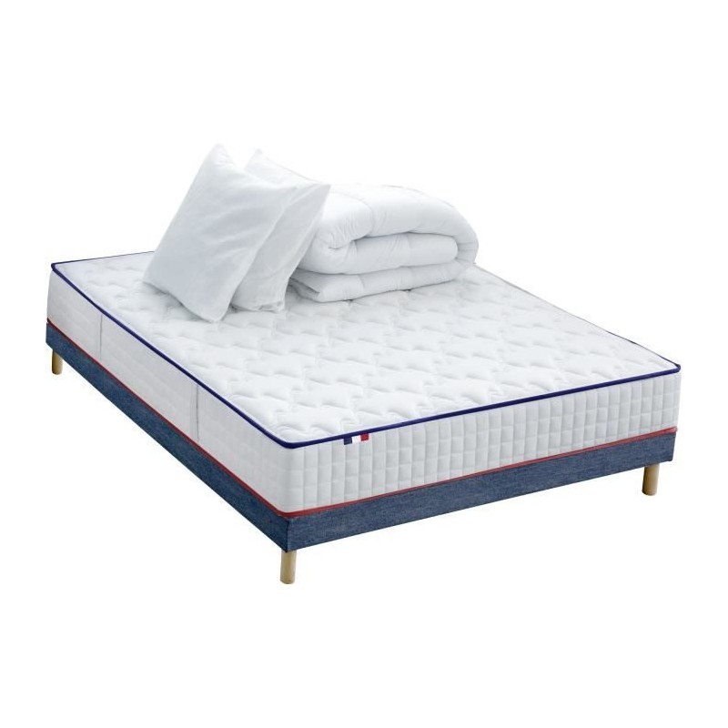 CONFORT DESIGN Pack complet Matelas 594 Ressorts + Sommier Bleu denim + Couette + 2 Oreillers 140x190cm CHANTILLY