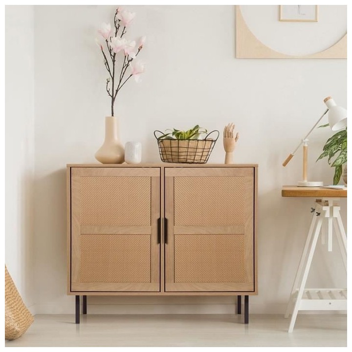 Petit buffet 2 portes - en rotin et pietement en métal - L 90 x P 40