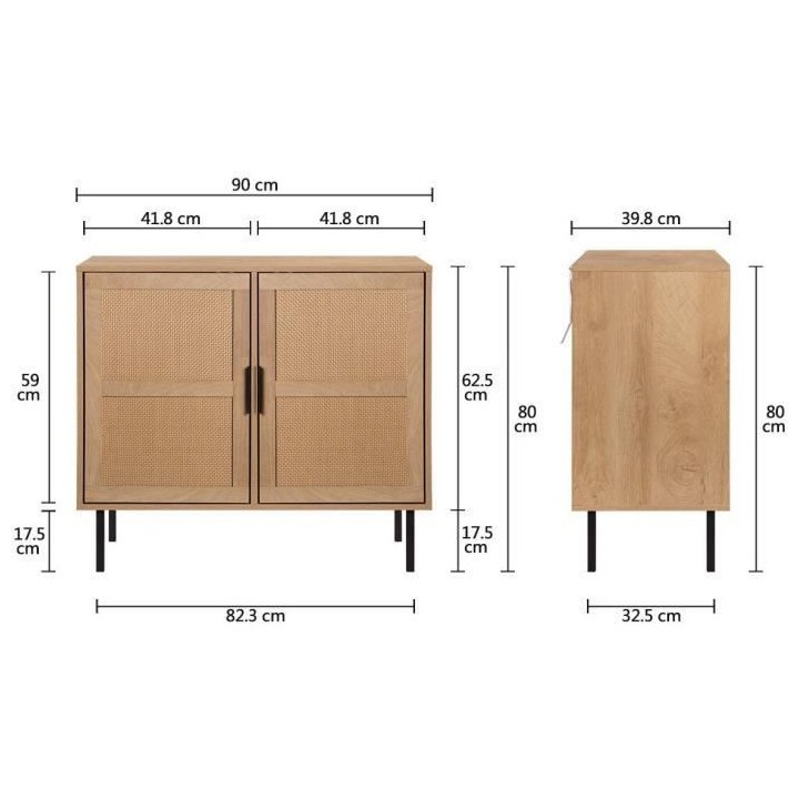 Petit buffet 2 portes - en rotin et pietement en métal - L 90 x P 40