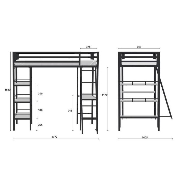 Lit mezzanine avec rangements et bureau intégré - 90 x 190 cm - Noir