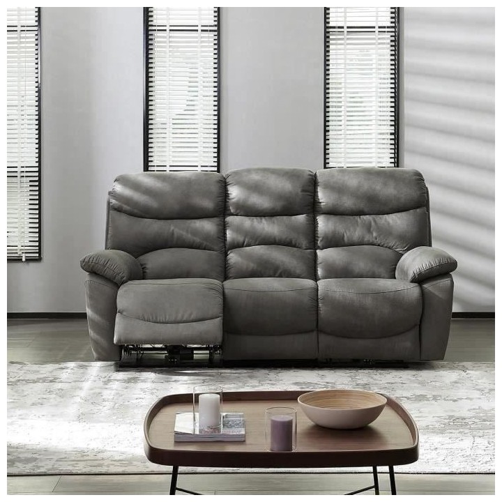 Canapé 3 places relaxation électrique - Tissu gris - L 204 x P 92 x