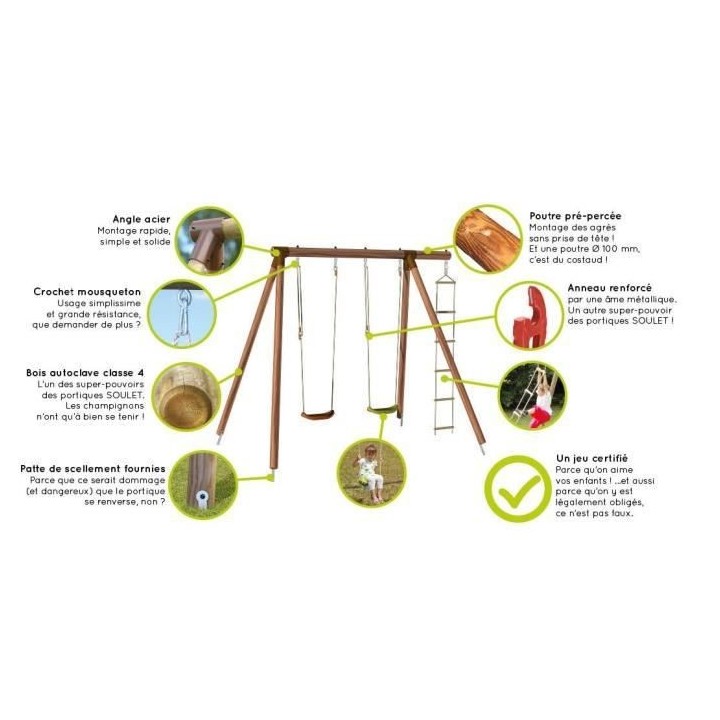 Balançoire Portique ARTHUR - Soulet - 2.22m avec échelle et pate de